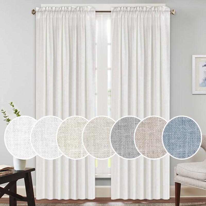 PrinceDeco Linen Curtains for Bedroom Living Room, Light Filtering Farmhouse Curtains 84 inches Long 2 Panels Set Burlap Look Farmhouse Country Decor(Off White, 52" W x 84" L) - Image 1